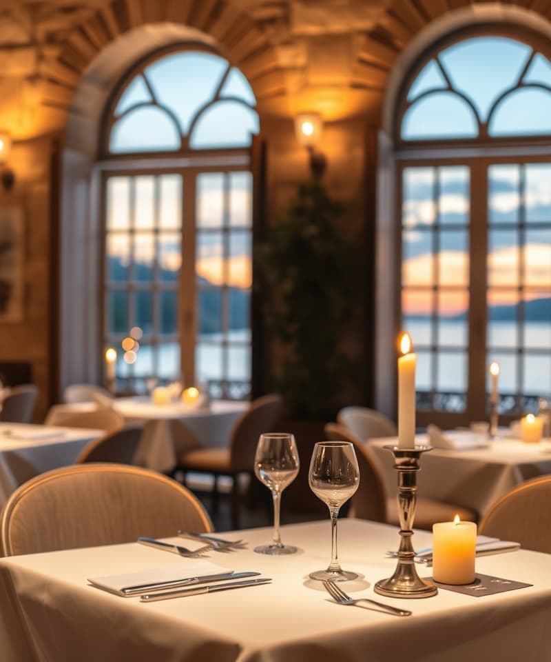Elegantes Restaurantinterieur mit Seeblick — Ristorante La Fortuna